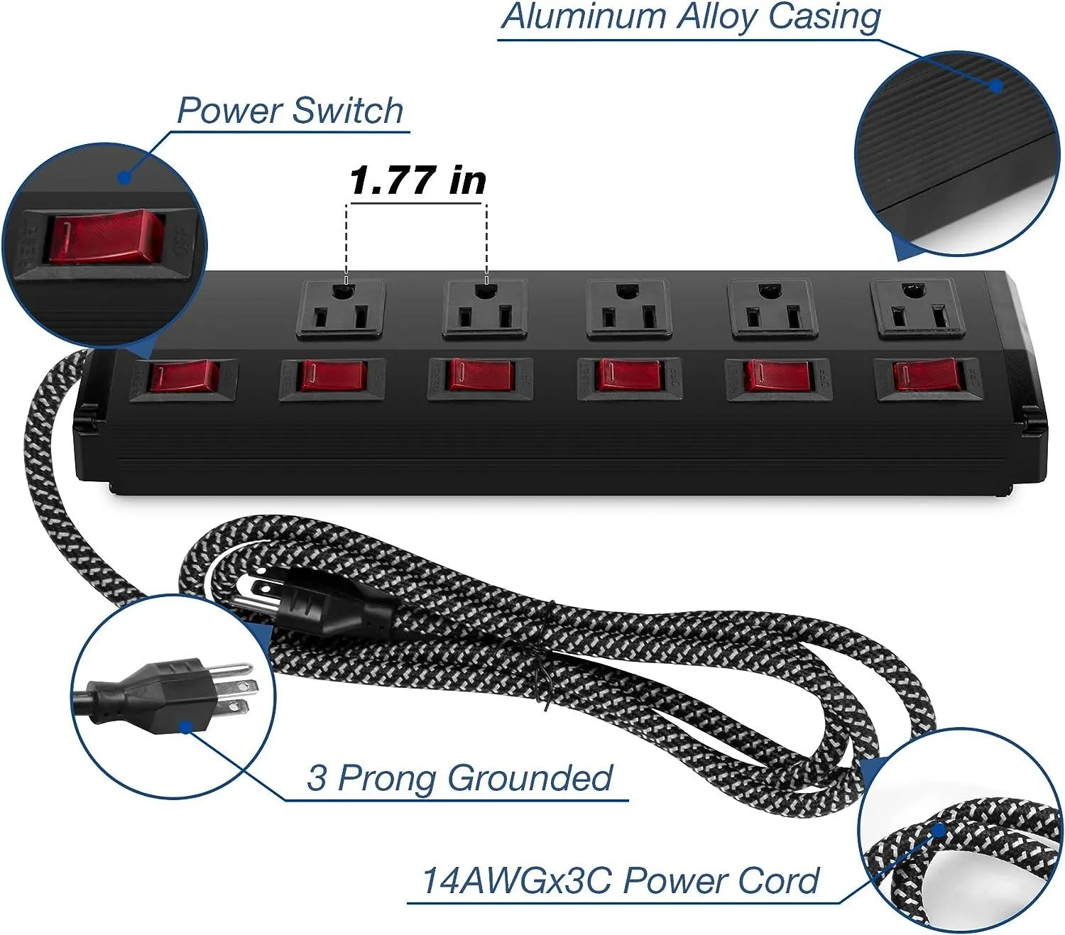 Set of 2 Power Strip 5 Outlets 6 Switches with Surge Protector Wall Mount, Black