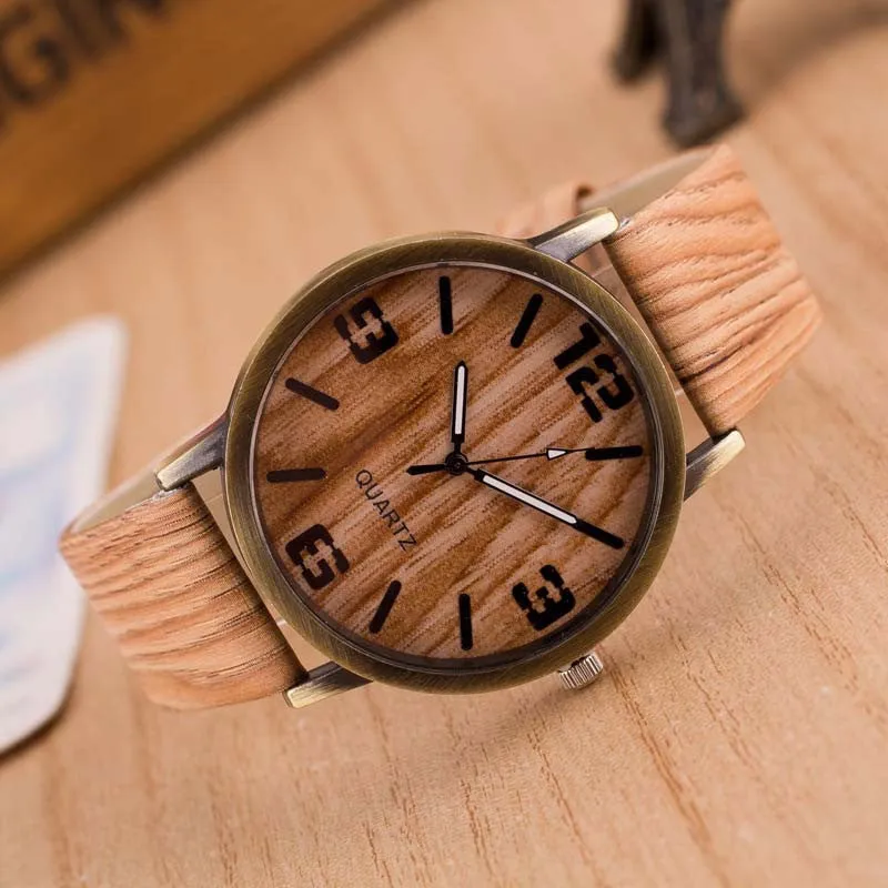 Simulation Wooden Quartz Men Watches Casual Wooden Color Leather Strap Watch Wood Male Wristwatch