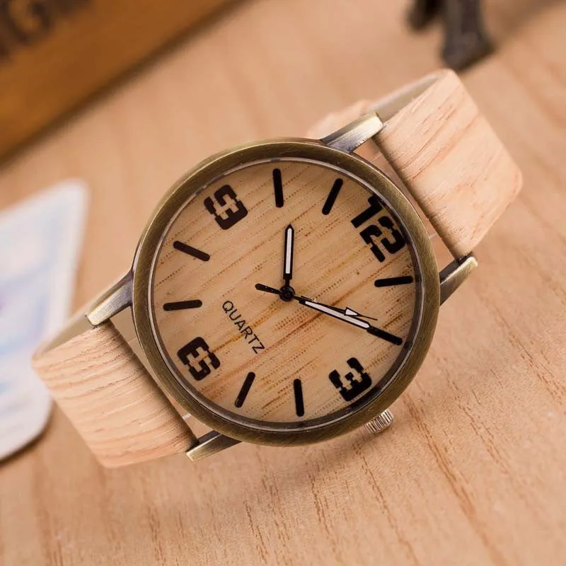 Simulation Wooden Quartz Men Watches Casual Wooden Color Leather Strap Watch Wood Male Wristwatch