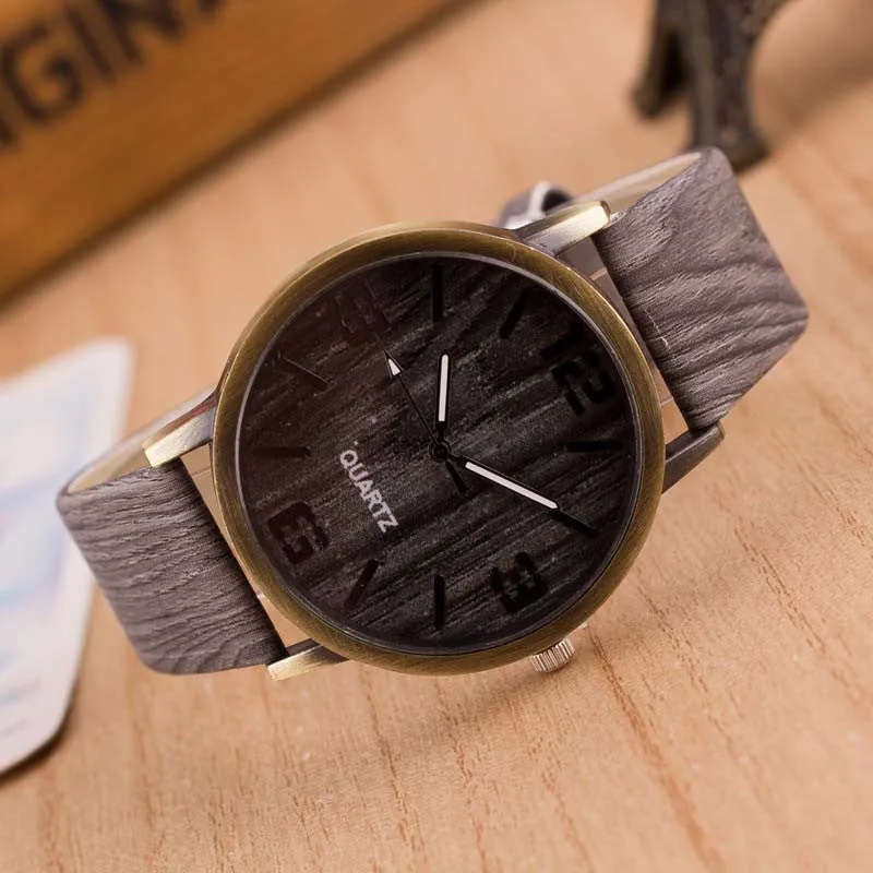 Simulation Wooden Quartz Men Watches Casual Wooden Color Leather Strap Watch Wood Male Wristwatch