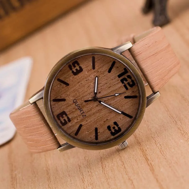 Simulation Wooden Quartz Men Watches Casual Wooden Color Leather Strap Watch Wood Male Wristwatch