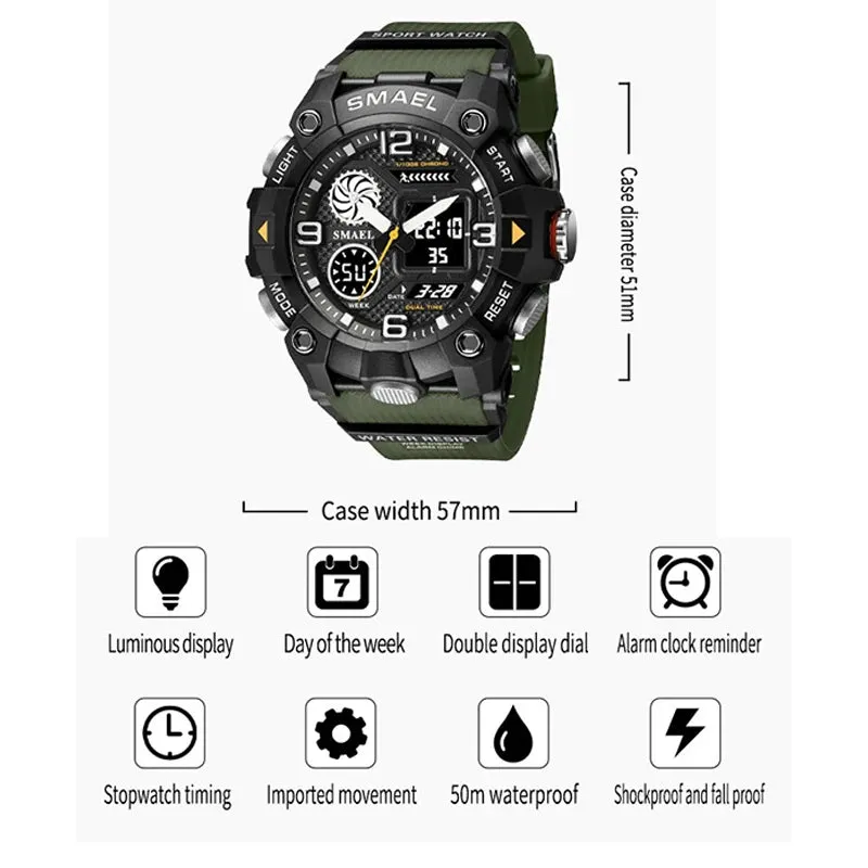 SMAEL Quartz Watch Sport 50M Waterproof Stopwatch Week Display LED Digital Alarm Clock Male 8055 Men Watches Sports Wristwatches