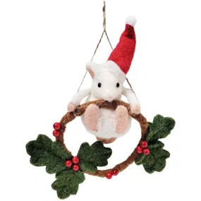 Snowy Christmas Mouse Swinging on a Wreath Decoration