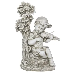 Solar Boy Playing Violin Under a Tree Statue in Natural Resin Finish, 19 Inch