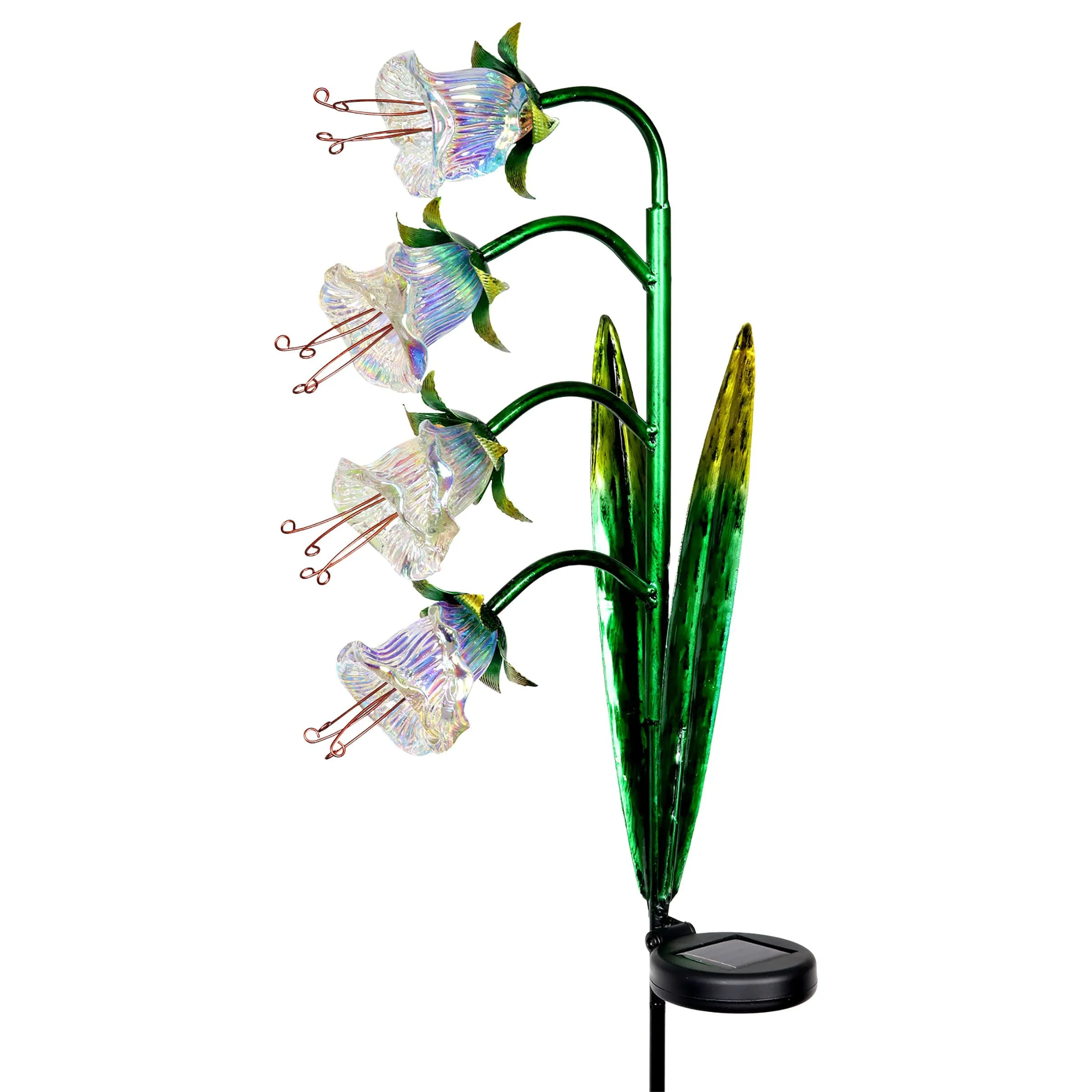 Solar Iridescent Glass Garden Stake with Four Cascading White Bell Flowers, 8 by 34 Inches