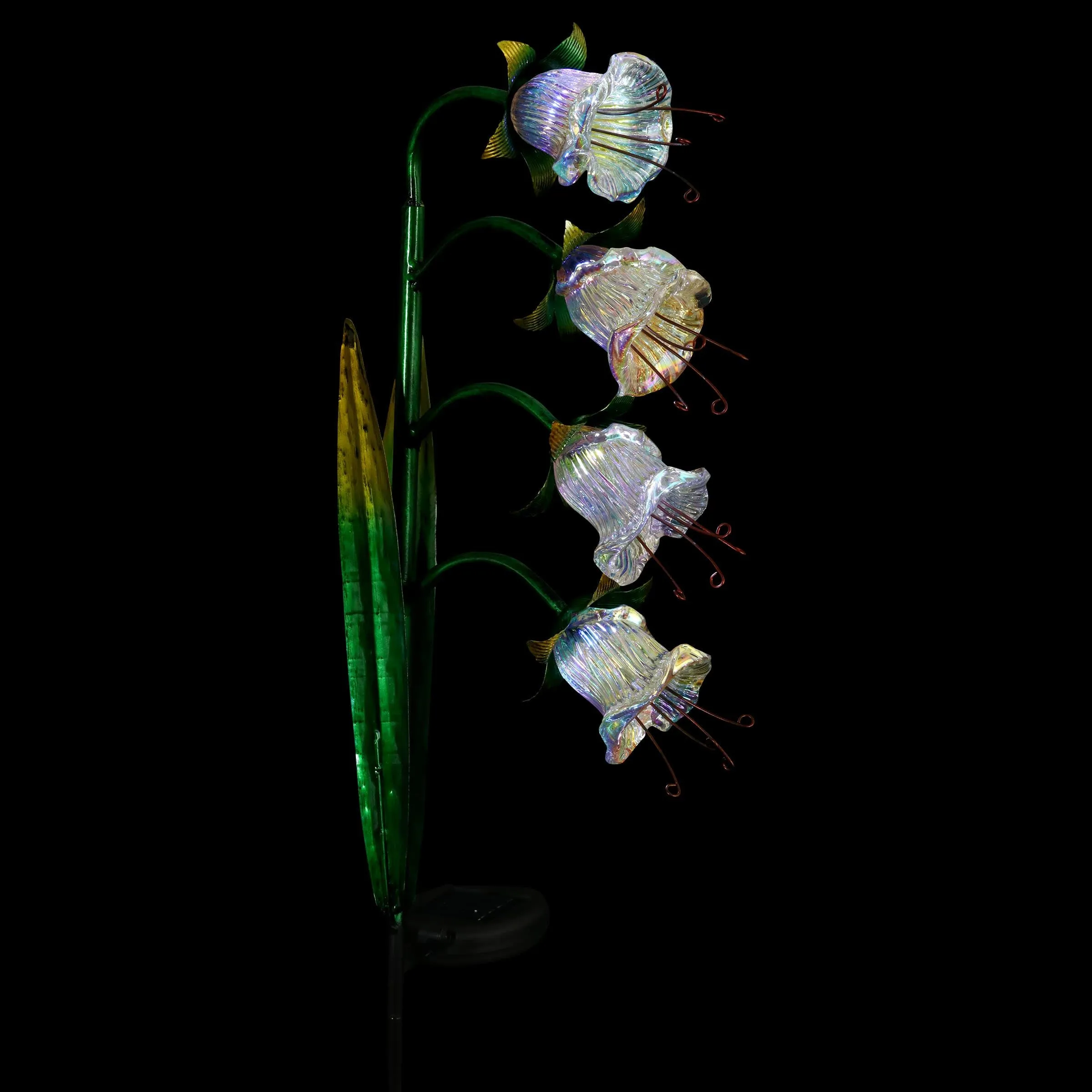 Solar Iridescent Glass Garden Stake with Four Cascading White Bell Flowers, 8 by 34 Inches