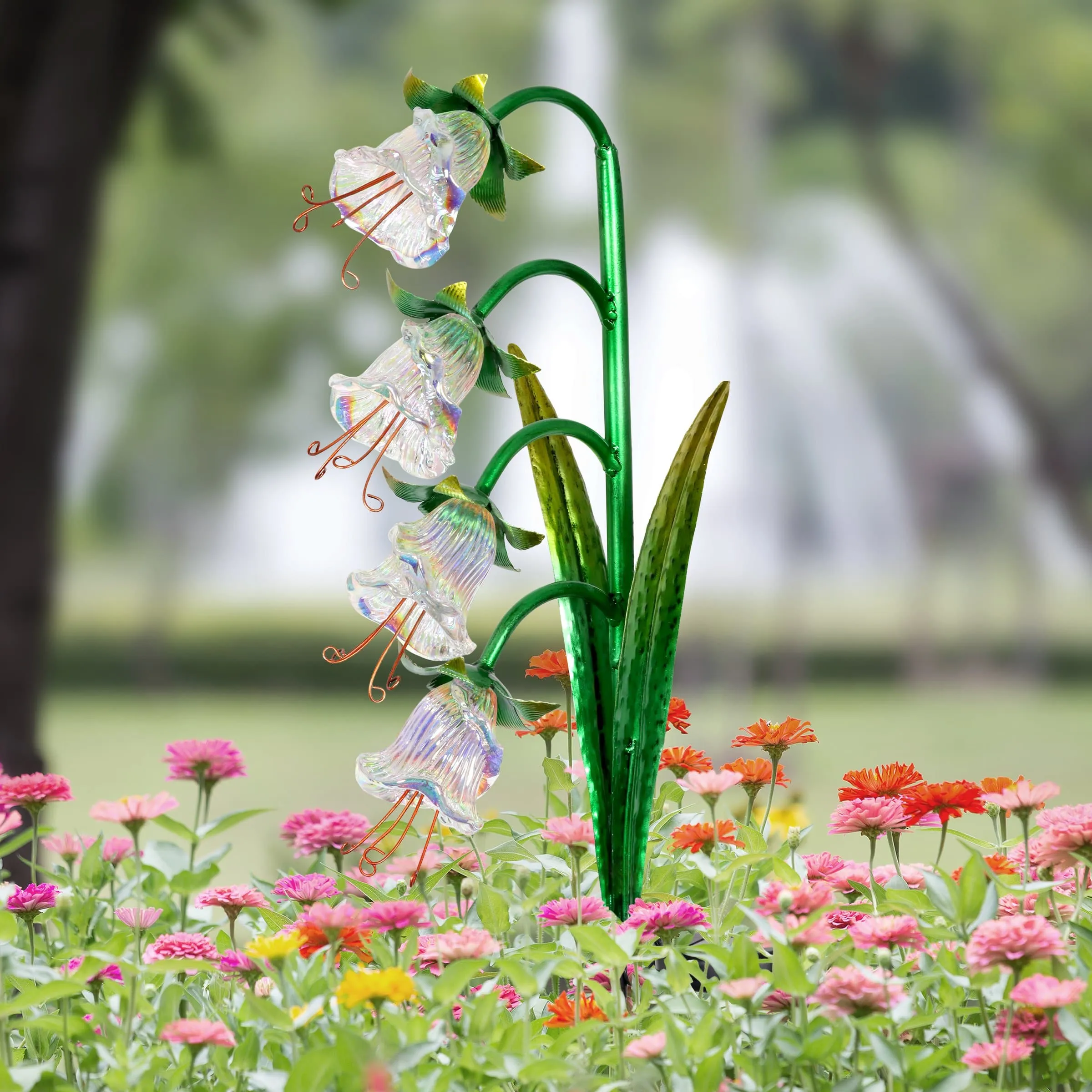 Solar Iridescent Glass Garden Stake with Four Cascading White Bell Flowers, 8 by 34 Inches