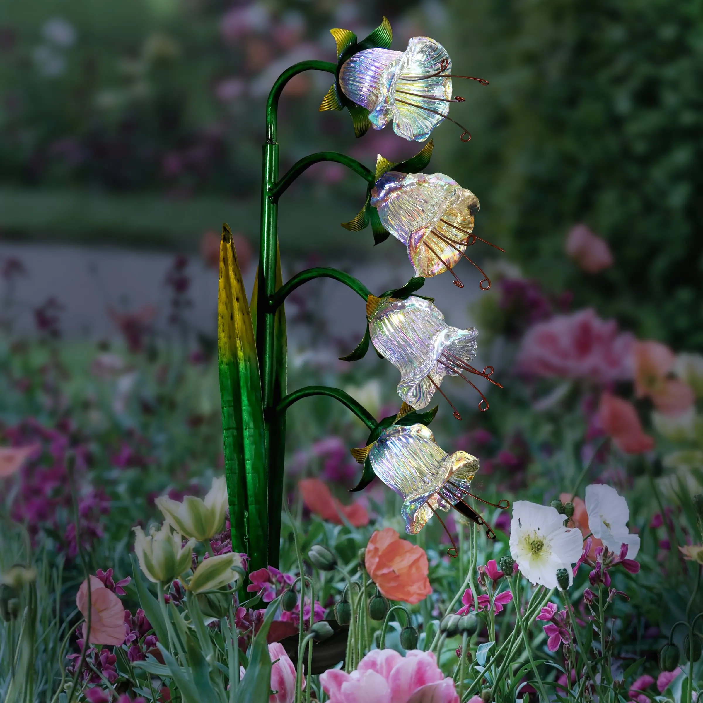 Solar Iridescent Glass Garden Stake with Four Cascading White Bell Flowers, 8 by 34 Inches