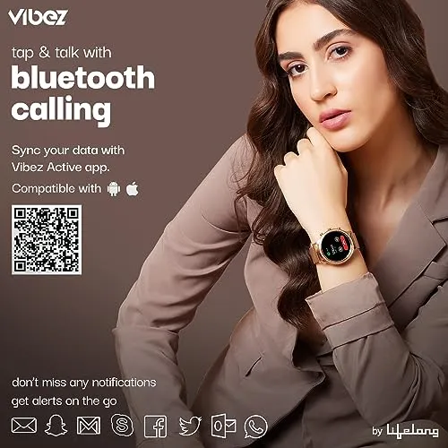 Vibez by Lifelong Jewel Premium Luxury Smartwatch for Women with 1.32 inch HD Display, 3 Additional Straps, Bluetooth Calling, Voice Assitance, Health Tracker, Multiple Watch Faces