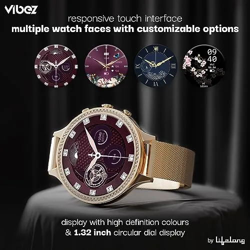 Vibez by Lifelong Jewel Premium Luxury Smartwatch for Women with 1.32 inch HD Display, 3 Additional Straps, Bluetooth Calling, Voice Assitance, Health Tracker, Multiple Watch Faces