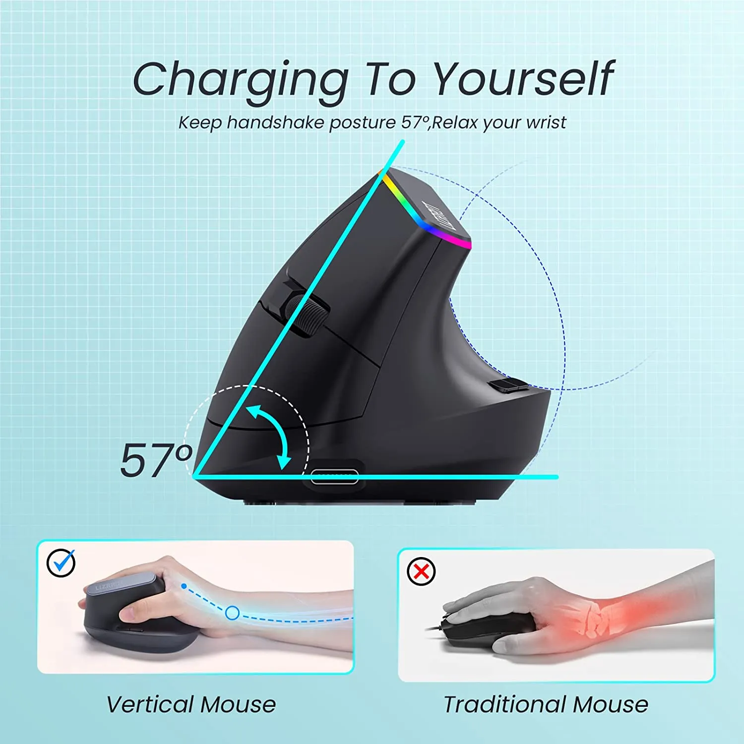 Wireless Ergonomic Mouse, RGB Vertical Mouse,800-1600 DPI for Laptop