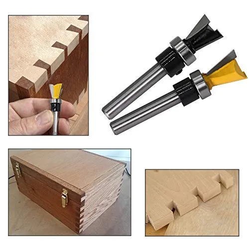 Yakamoz 2Pcs 1/4 Inch Shank Dovetail Joint Router Bits with Bearing Guide Dovetail Jig Bit for Furniture Building Cabinet Making Woodworking Cutter Tools